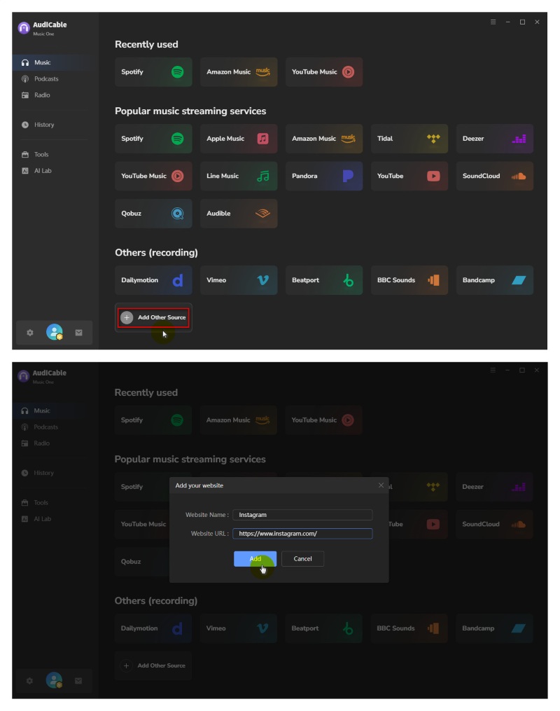 Add Instagram to AudiCable