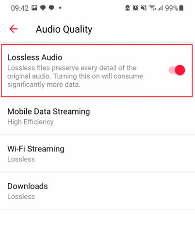 Enable Lossless Option on Android
