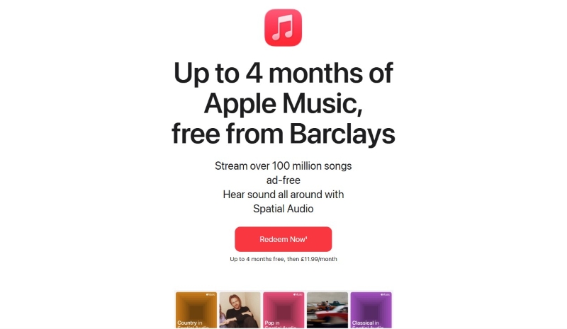 Apple Music redemption page opened from the Barclays app offer