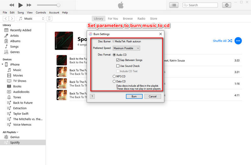 burn playlist to cd via itunes