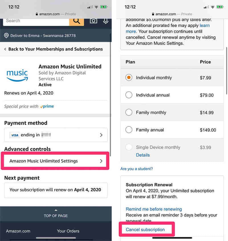 cancel amazon music subscription on iphone