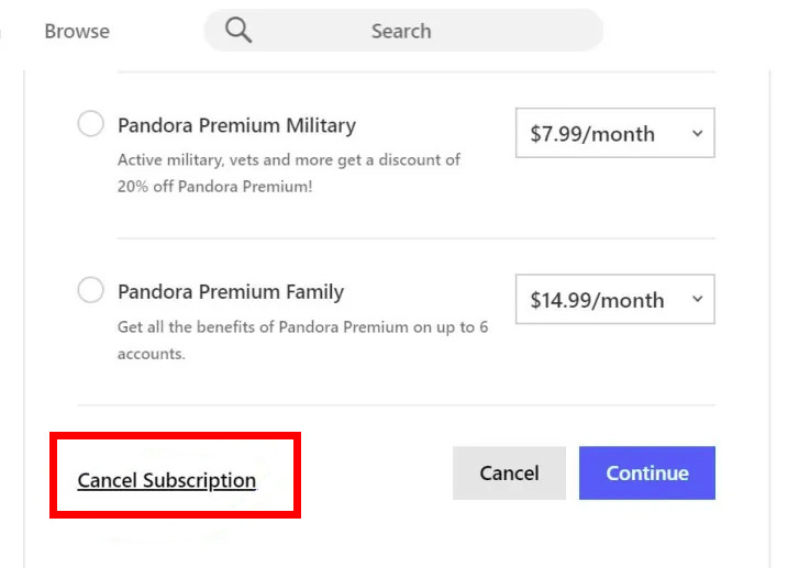Cancel Pandora-billed Subscription