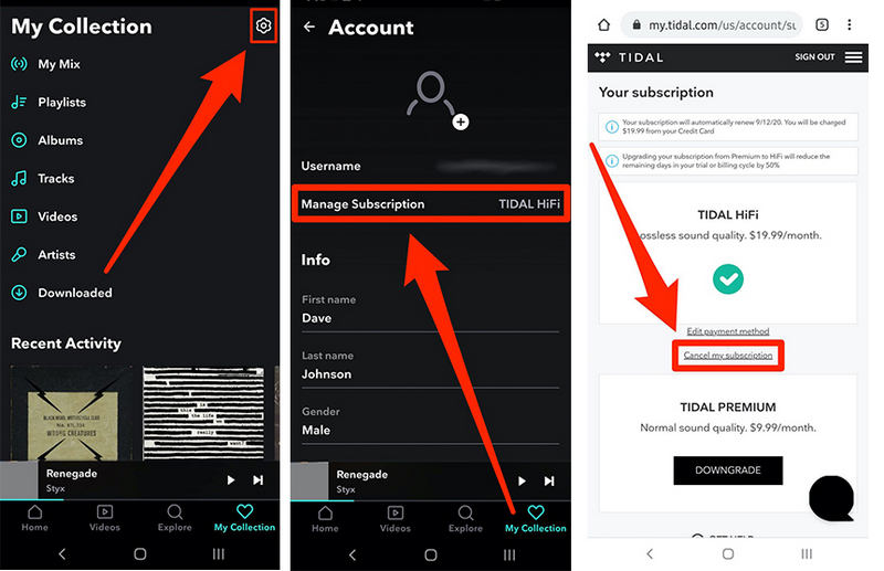 cancel tidal music subscription via tidal music app