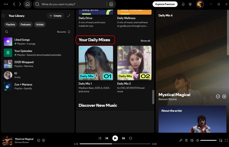 Spotify Daily Mix playlist on desktop