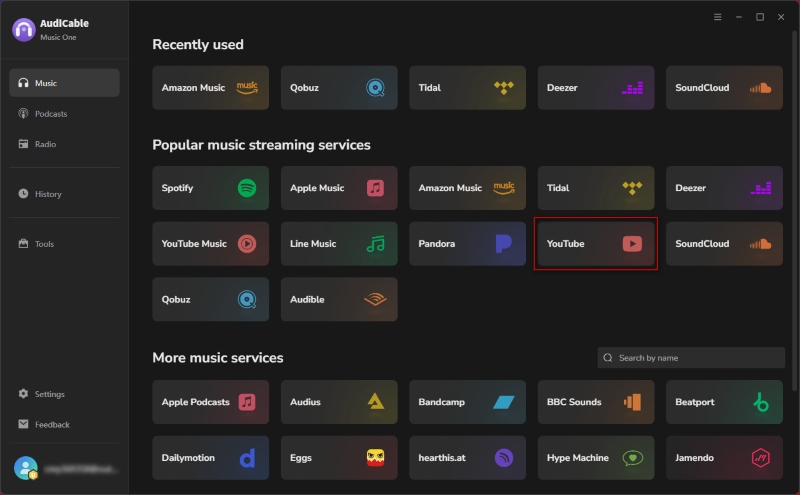 Download AudiCable and Select YouTube