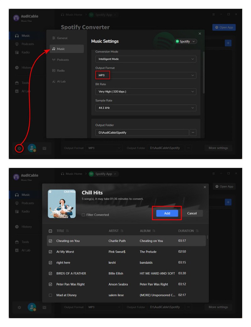 Customize Settings and Add Songs on AudiCable
