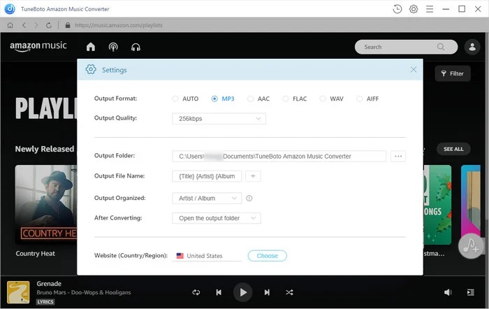 output settings of amazon music