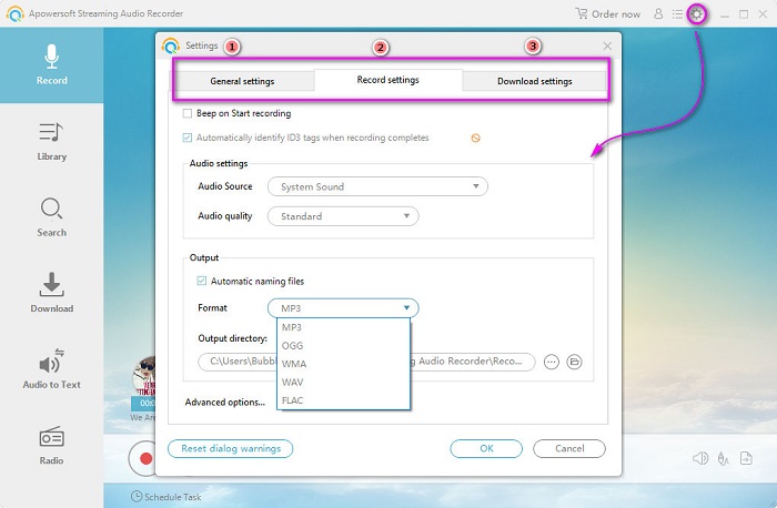 output settings on Apowersoft Streaming Audio Recorder