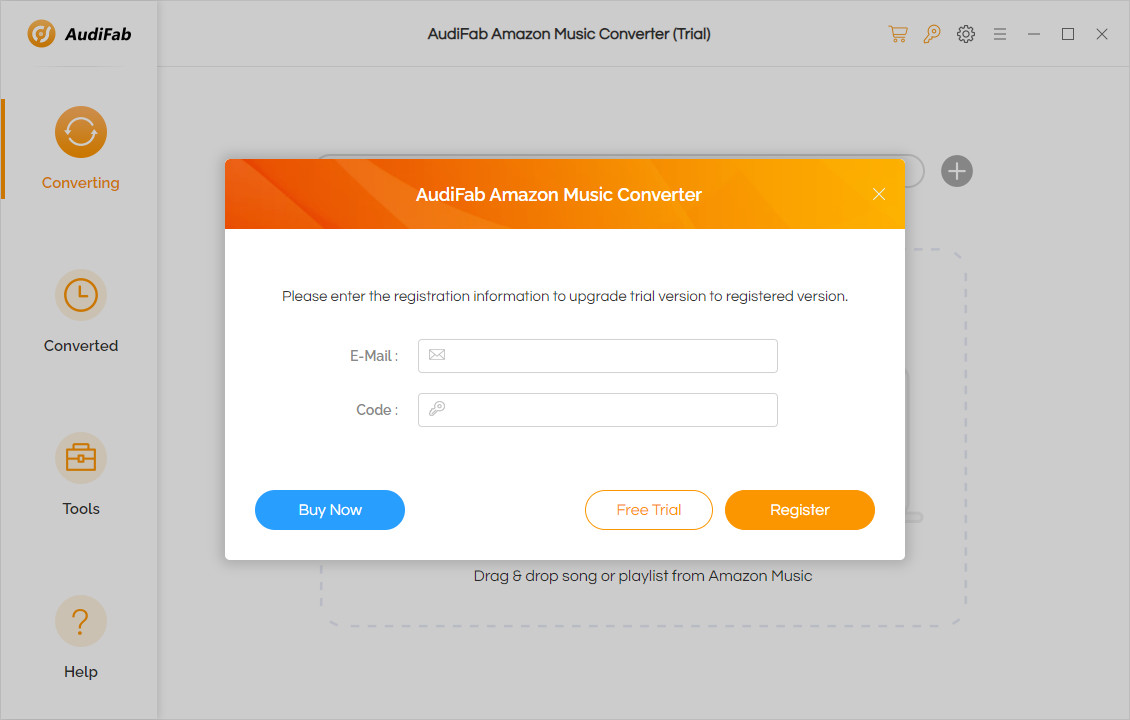 registration interface of amazon music converter