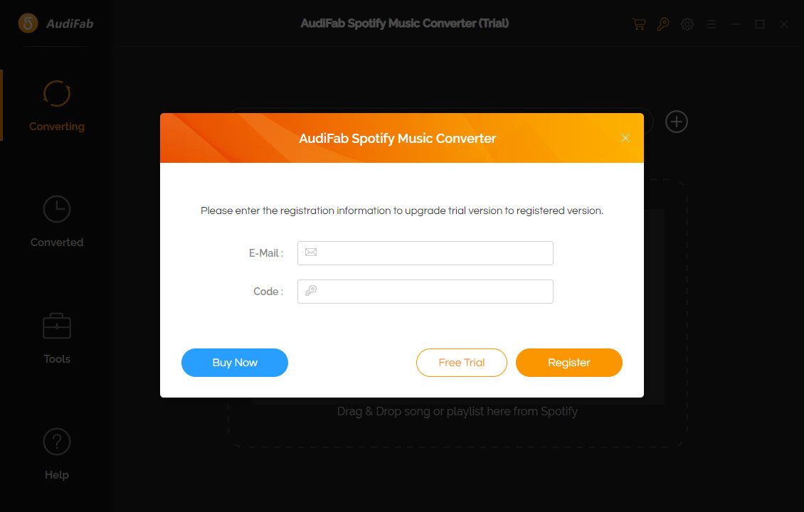 registration interface of Spotify Music Converter