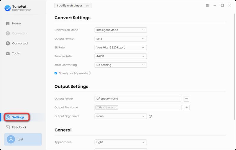 Choose output settings