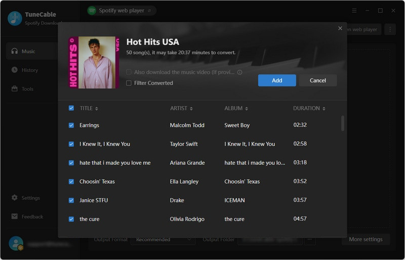 TuneCable Spotify Downloader: choose and add Spotify songs