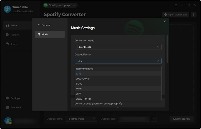 TuneCable Spotify Downloader: change the output settings