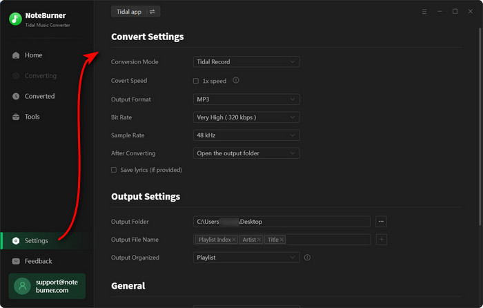 tidal music output settings