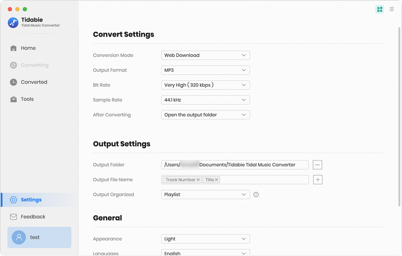 output settings of tidal music