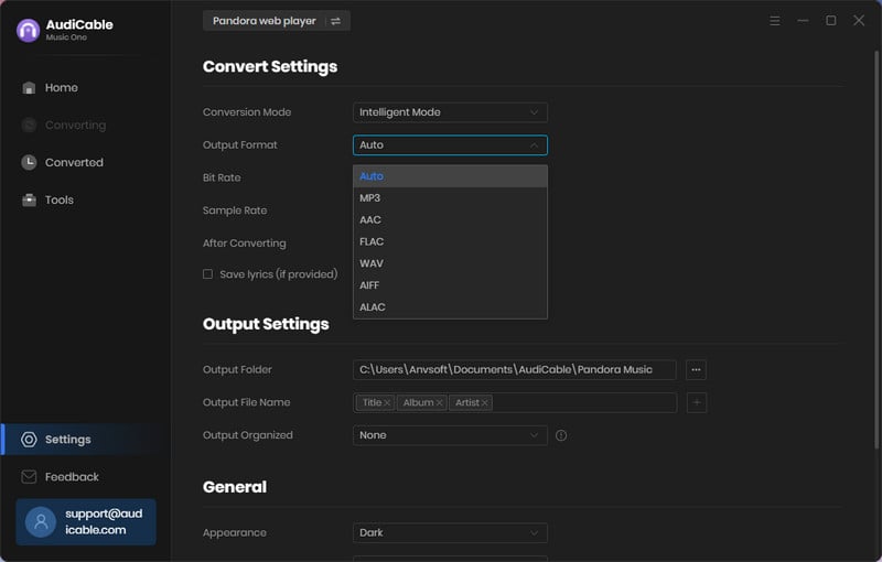 set the output parameters of Pandora Music